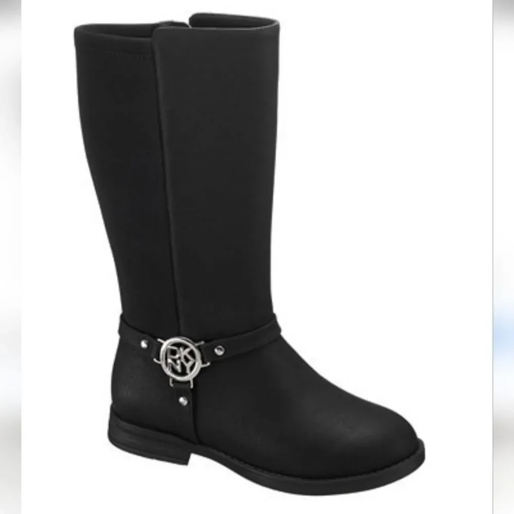 DKNY Girls' Emma Black Faux Leather Textile Harness Boots, Sz 1